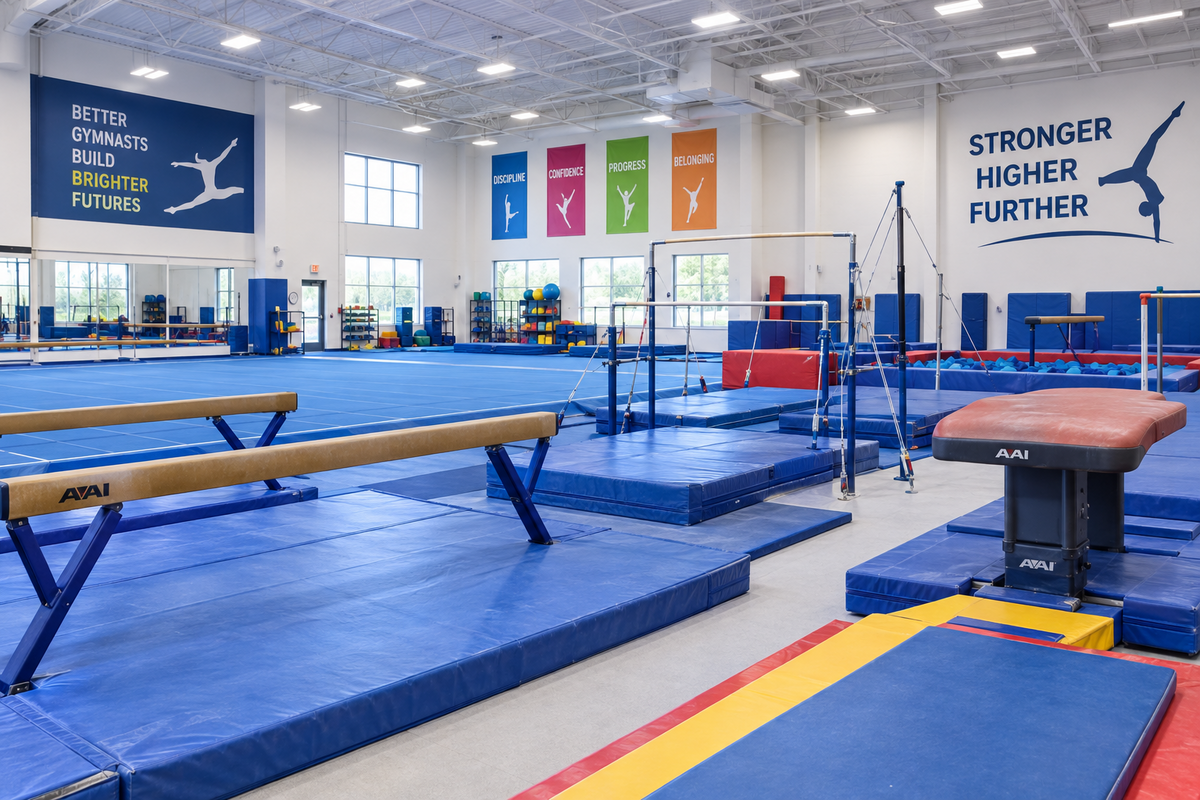 An image of inside a gym facility highlighting the main facility needs for gymnastics. 